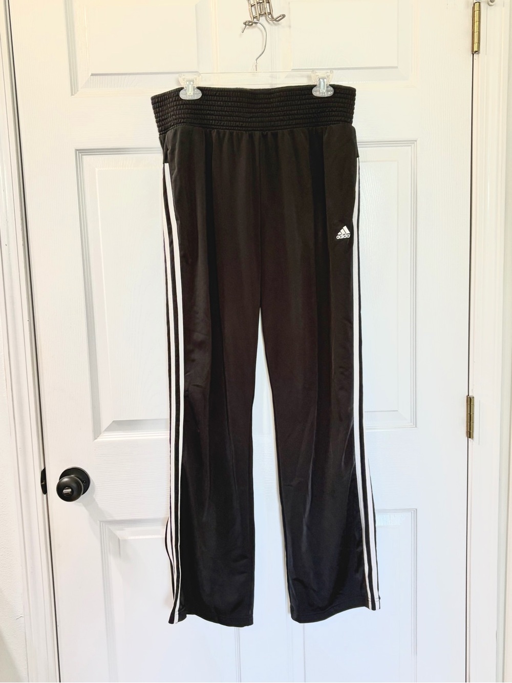 Women’s adidas Black Joggers with Classic White Stripes smocked waist